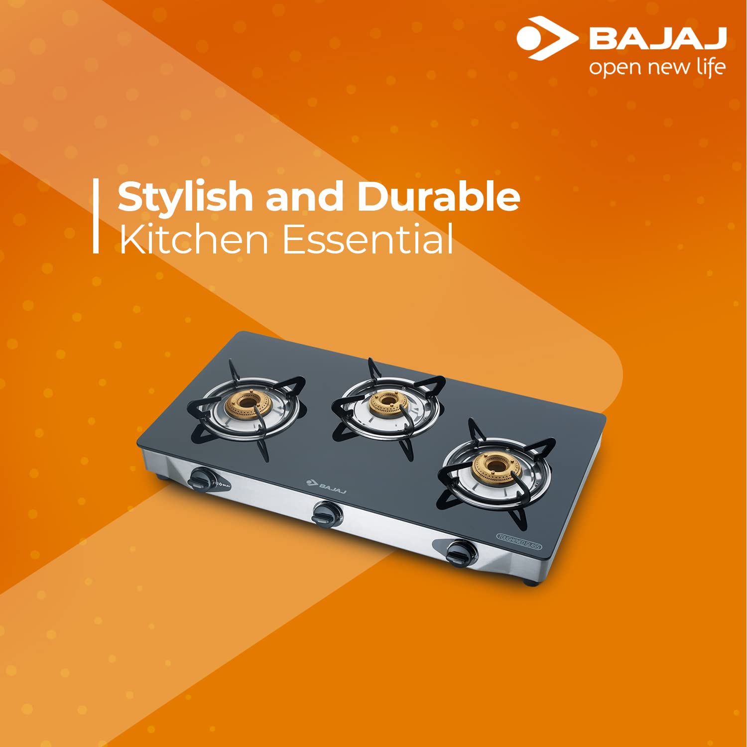 Bajaj CGX3, 3-Burner Open Stainless Steel Glass, ISI Certified, Gas Stove (Black, Manual Ignition)