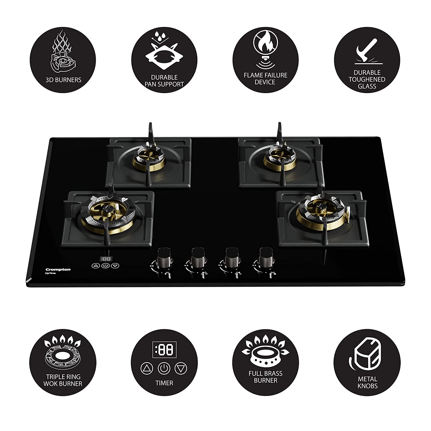 Crompton OpTime Gas Hob 78cm 4burner MBLK