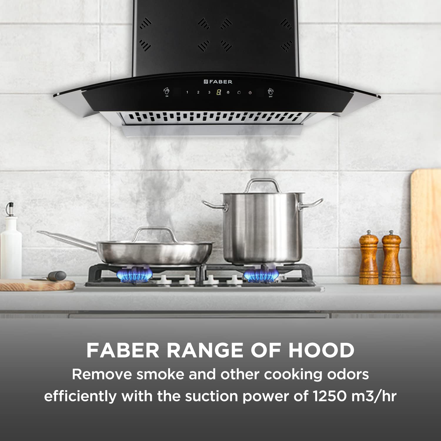 Faber60cm 6 way Silent Suction,1250m3/hr, Autoclean Chimney, 12Yr Warranty on Motor (HOOD EVEREST 3D IN HC SC FL LG 60||Filterless||Touch&Gesture Control||Light Grey)