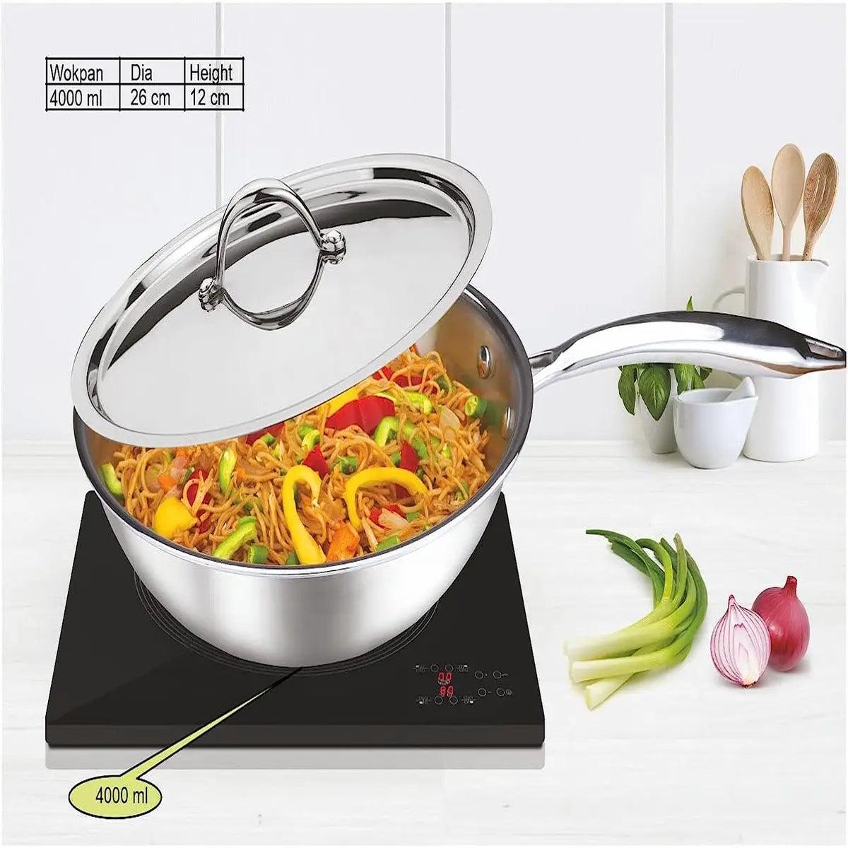 SignoraWare Artista Tri-Ply Stainless Steel Induction Compatible Triply WOKPAN / DEEP FRYPAN with Stainless Steel Lid (Induction and Gas Compatible), 26cm, Capacity 4000 ml,Set of 1, Silver