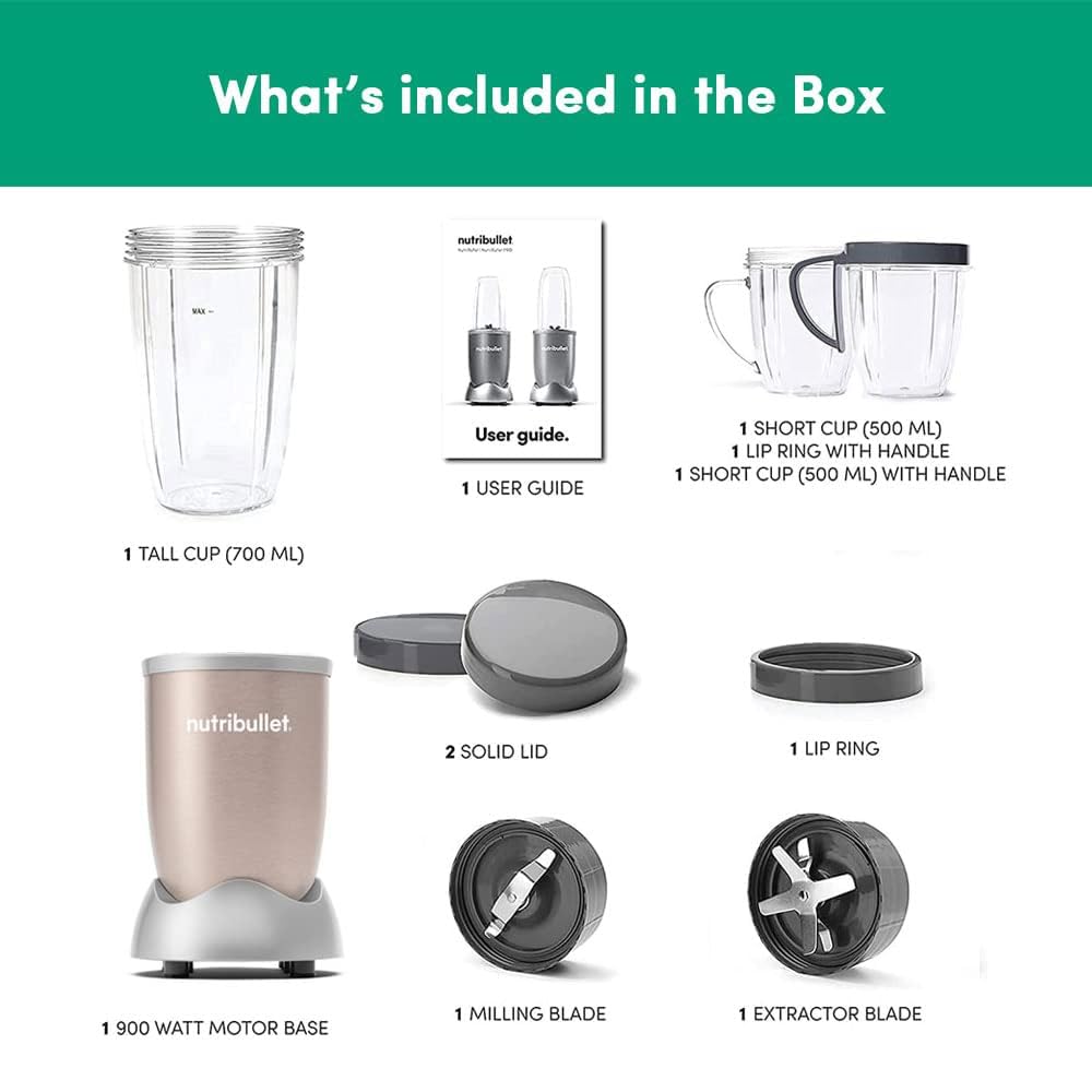 Nutribullet Pro 900W Champagne Gold, 12-Pc Set: The Ultimate Food Processor & Blender with 3 Unbreakable Jars and 2 Blade Sets (Wet & Dry)