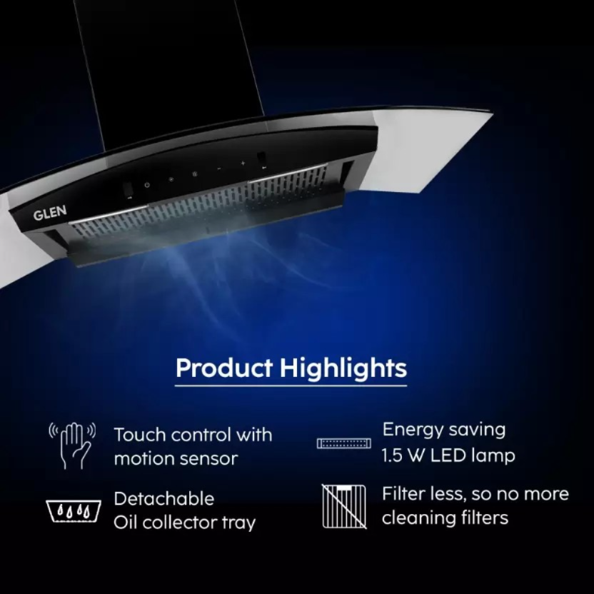 Glen Soundpro AC BLDC 90 cm Auto Clean Curved Glass 90 cm|BLDC Motor|Touch & Gesture Control| Autoclean| Filterless|Powerful Suction | Low Noise Wall Mounted Chimney (black 1200 CMH)