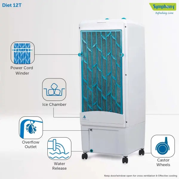 Symphony Diet 12T Personal Tower Air Cooler for Home with Honeycomb Pad, Powerful Blower, i-Pure Technology and Low Power Consumption (12L, White)