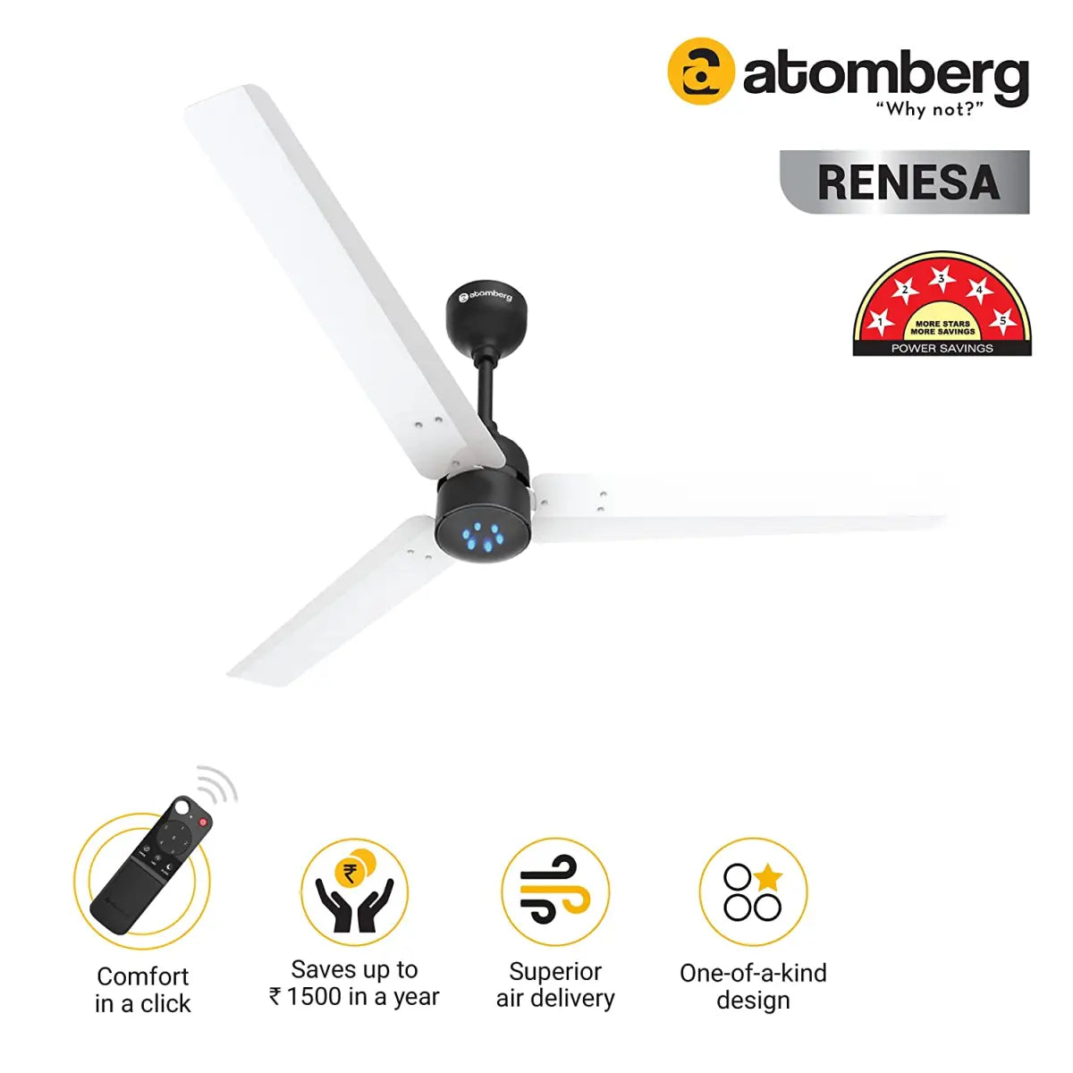 atomberg கொரில்லா ரெனேசா 1200மிமீ BLDC மோட்டார் ரிமோட் 3 பிளேடு எனர்ஜி சேவிங் சீலிங் ஃபேன் (வெள்ளை மற்றும் கருப்பு) 