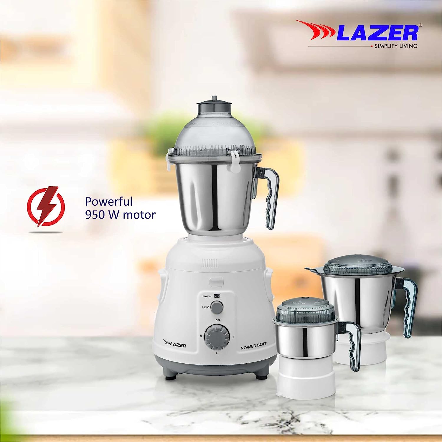 Lazer Power Bolt 3 Jars 950W Mixer Grinder (White)