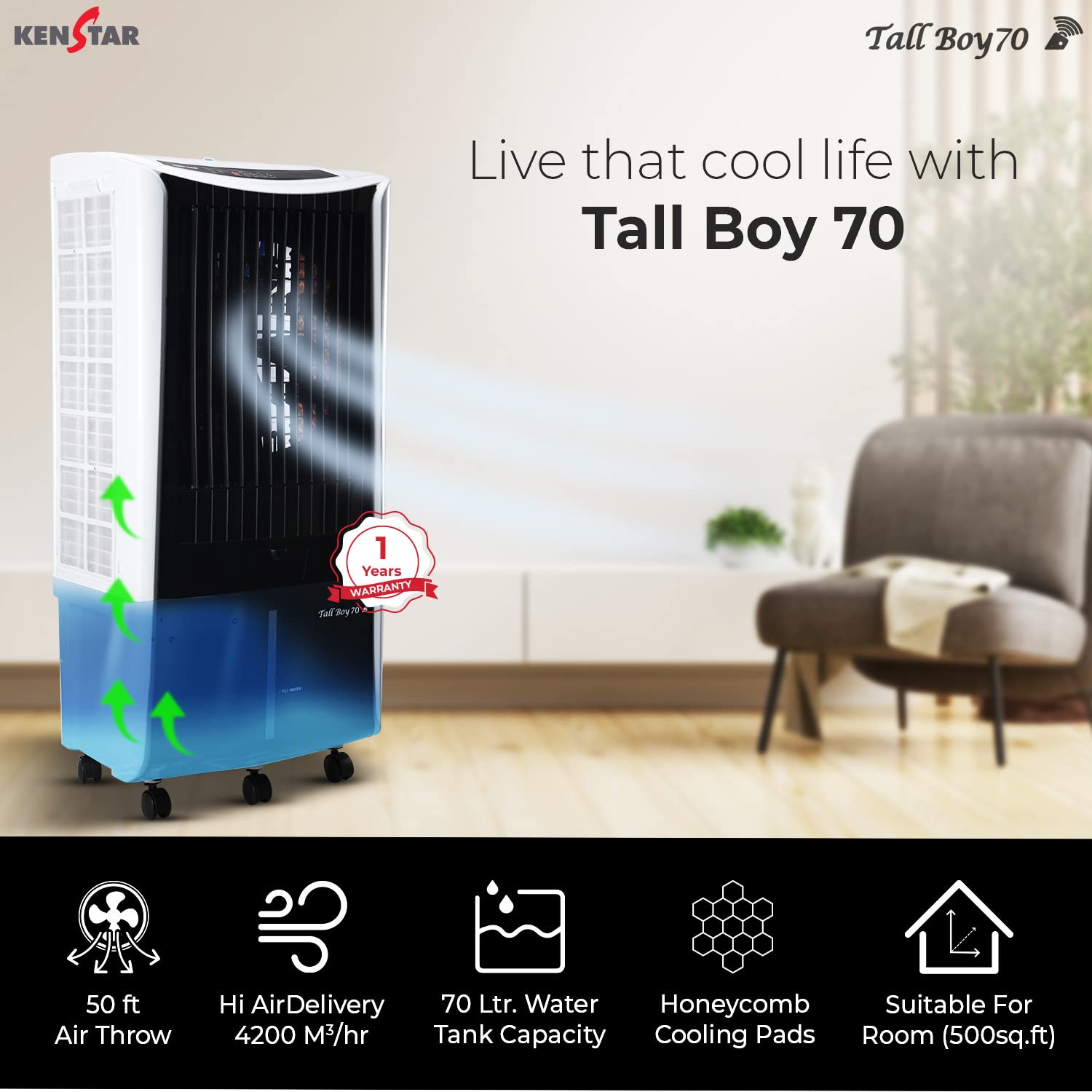 KENSTAR Tall BOY 70l Desert Cooler White & Black