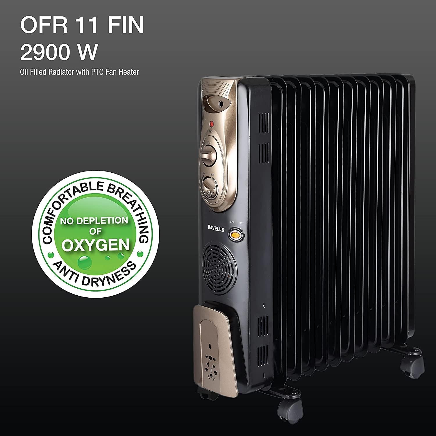 Havells OFR - 11Fin 2900-Watt PTC Fan Heater (Black)