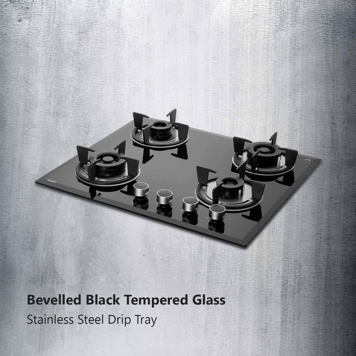 KAFF FBB 604 Built-in Hob/Hobtop 4 Burners, Auto Electric Ignition Glass Top, 60 CM, Full Brass Burner, 8 MM Thick Toughened Glass Bevelled Black Tempered Glass (Black)