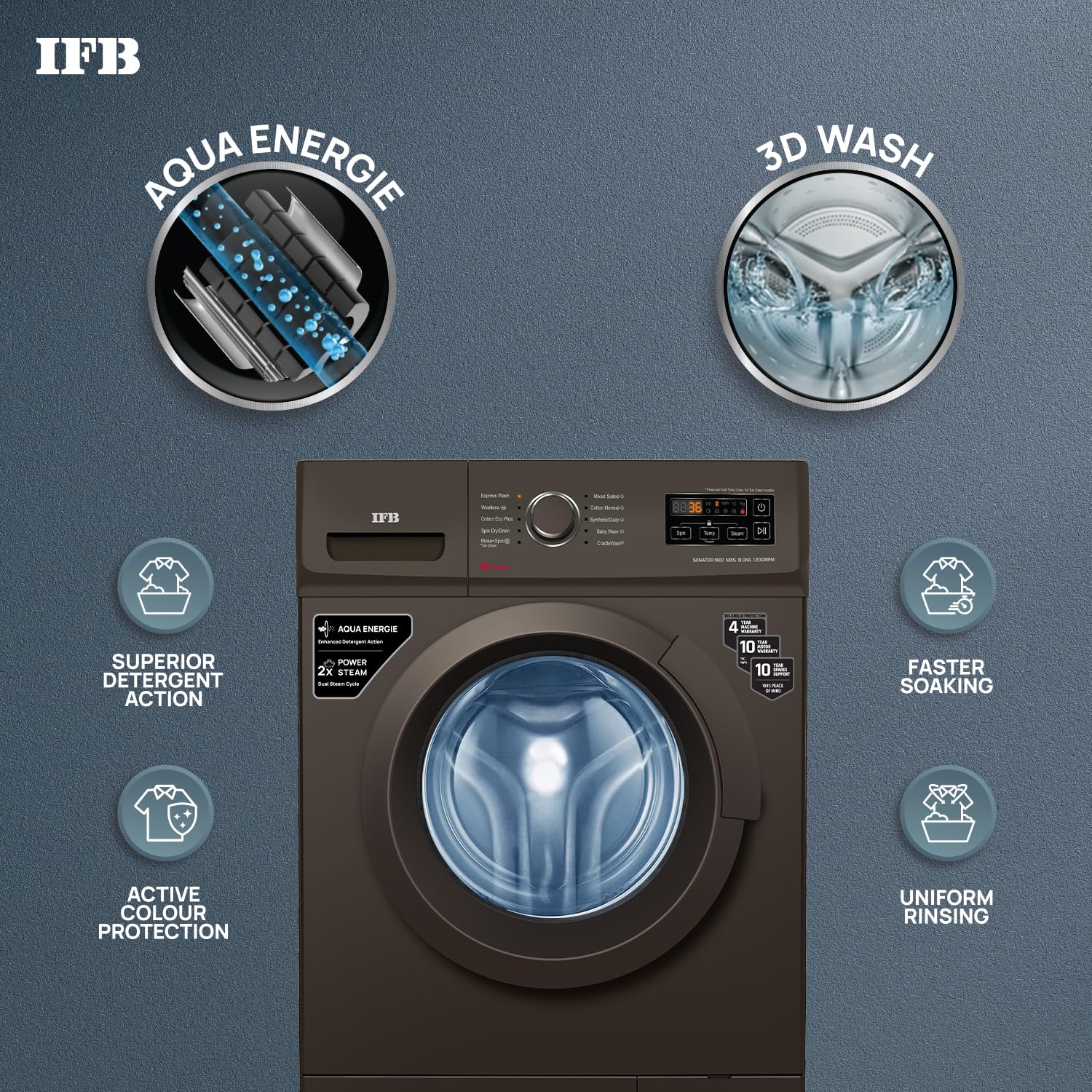 IFB 8 Kg 5 Star AI Powered Fully Automatic Front Load Washing Machine, 2X Power Steam (SENATOR NEO MXS 8012, 2023 Model, Mocha, In-built Heater, 4 years Comprehensive Warranty)