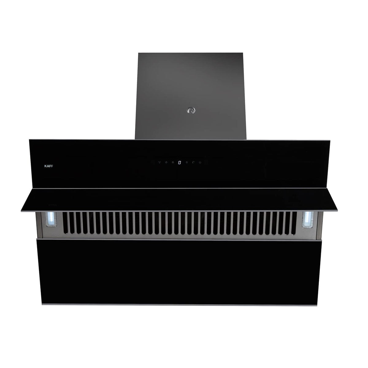 Kaff NOBELO TX DHC 90 chimney front view showing touch controls, filterless suction slot and LED lights