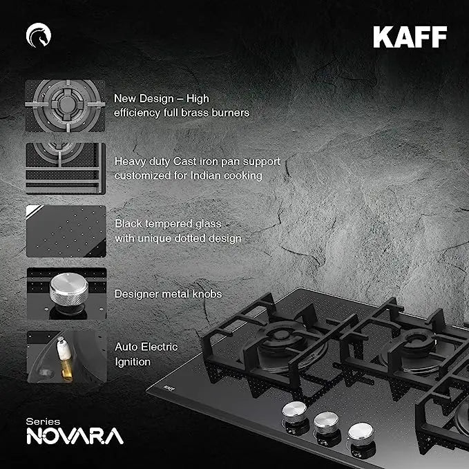 KAFF NVH 783 Built-in Hob, Series Milano, high-Efficiency hob with Full Brass Burners, Auto Electric Ignition, Designer metal knobs, Heavy duty Cast iron pan support, Black Tempered Glass
