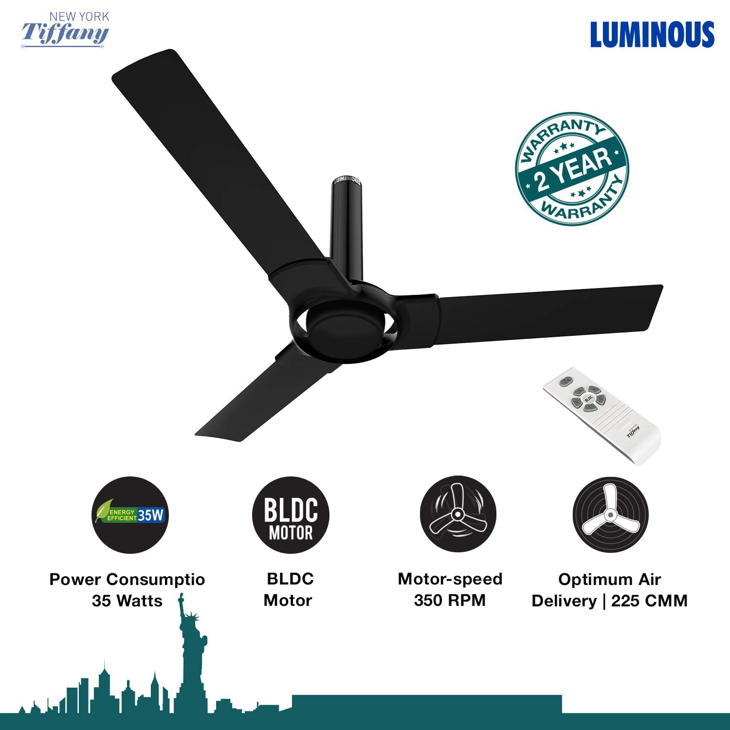 Luminous New York Tiffany 3 Blade Ceiling Fan with Remote Control and BLDC Motor, 1200mm - Midnight Black
