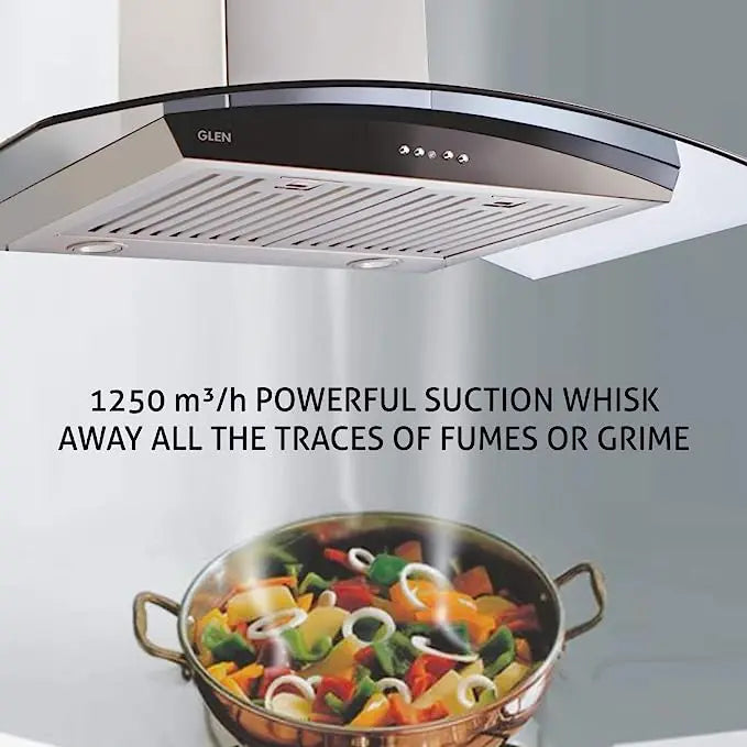 Glen 90 cm1250 m3/hr Curved Glass Wall Mounted Kitchen Chimney Baffle Filters Push Buttons (6071 GF Silver)