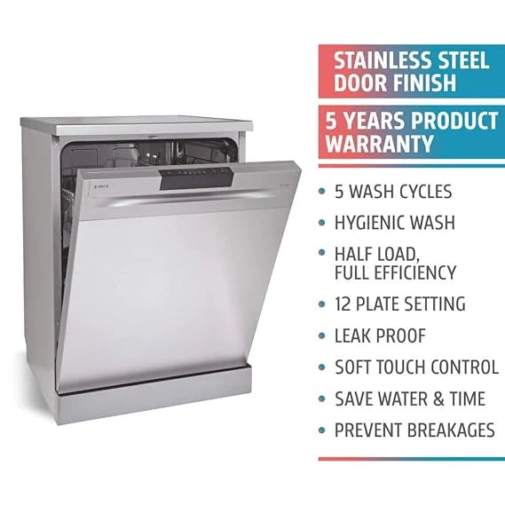 Elica 12 Place Settings Dishwasher With Soft Touch Control Panel (FREE STANDING DISH WASHER WQP12-7605V, Stainless Steel)