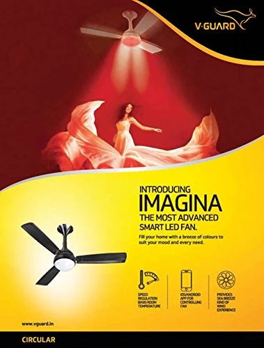 V Guard Imagina 1200mm Mobile Control Smart LED Ceiling Fan - 3 Blades, Chrome Black