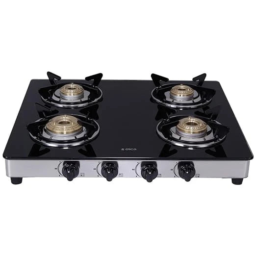 Elica Vetro Glass Top 4 Burner Gas Stove with Double Drip Tray (594 CT DT VETRO 1J), Black