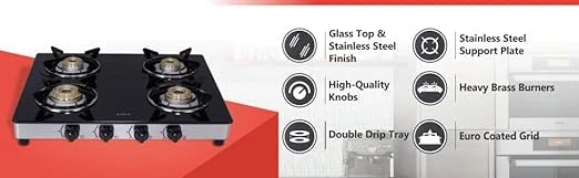 Elica Vetro Glass Top 4 Burner Gas Stove with Double Drip Tray (594 CT DT VETRO 1J), Black