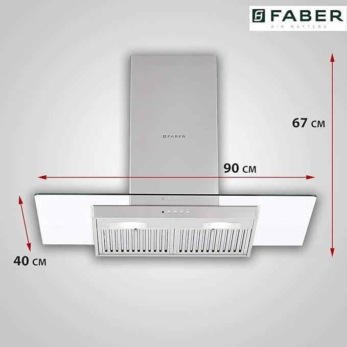 Faber 90cm 3W Chimney 1095m3/hr (Glassy 3D T2S2 LTW 90, 2 Baffle Filters, SS)