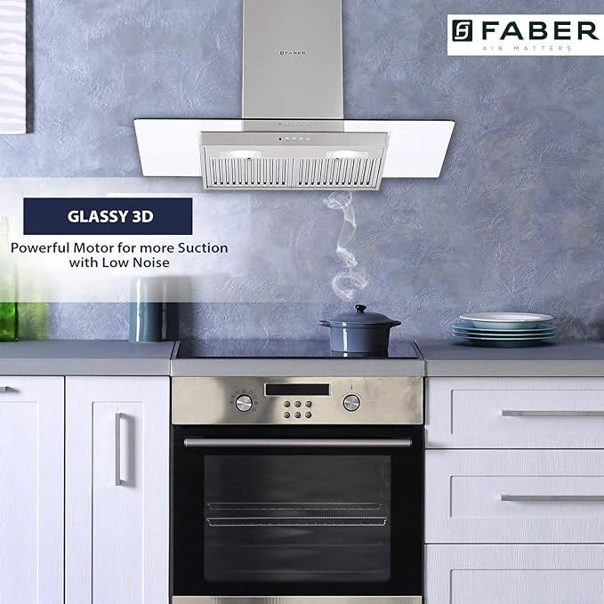 Faber 90cm 3W Chimney 1095m3/hr (Glassy 3D T2S2 LTW 90, 2 Baffle Filters, SS)
