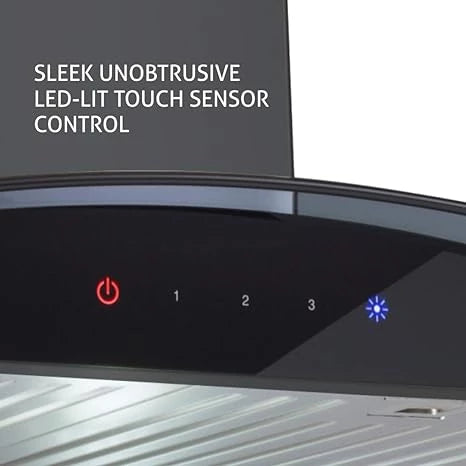 Glen Kitchen Chimney Curved Glass with 7 years warranty on Product, Touch Sensor, Italian Motor Baffle filter 90cm 1250 m3/h - Black (6071 TS BL)