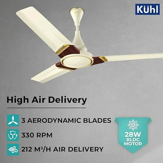 KUHL Prima A3 1200mm BLDC Ceiling Fan with Remote | 28W | 65% Energy Savings | 5 Star | High Air Flow | Ivory