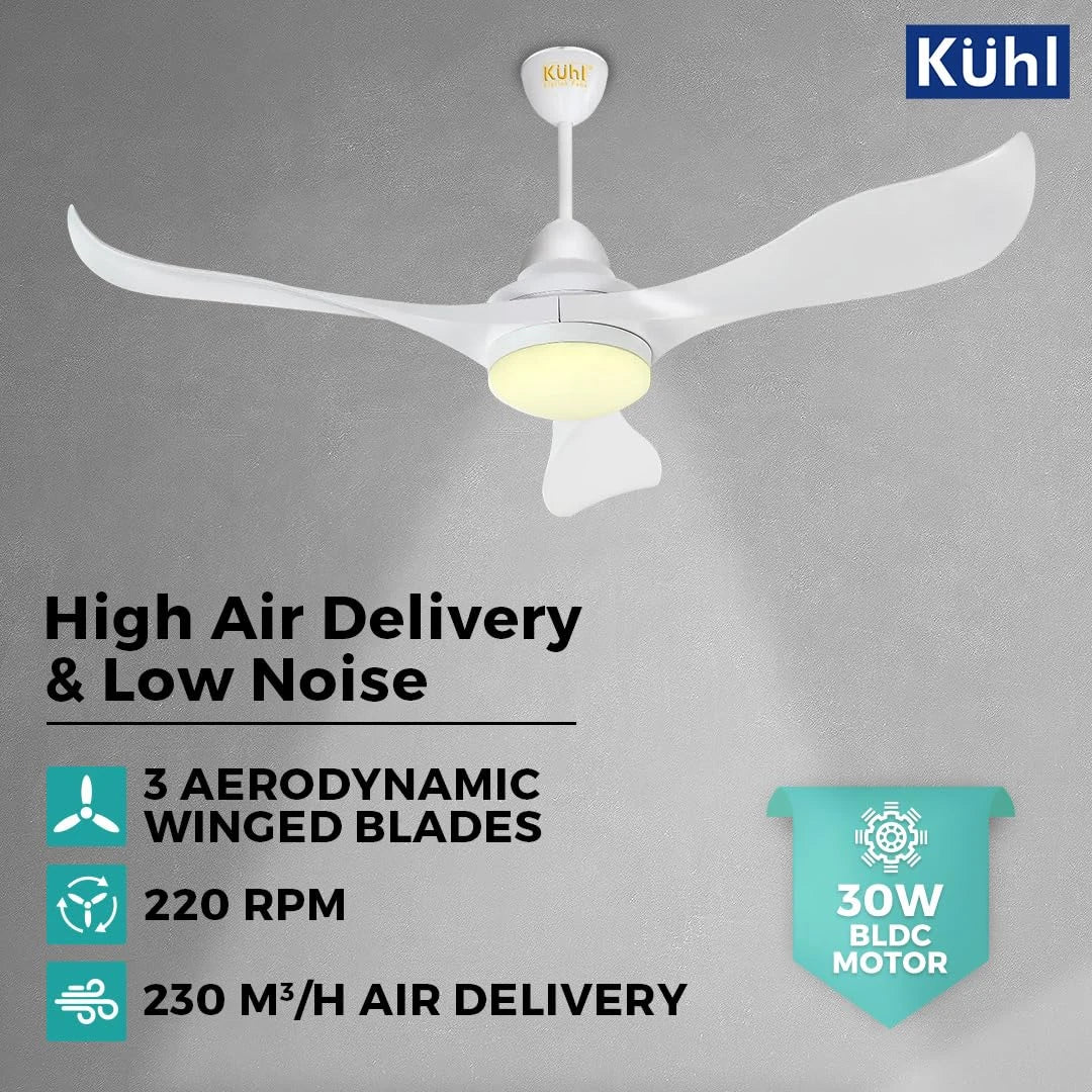 KUHL Glanz F3 1400mm Stylish Power Saving BLDC Ceiling Fan with Remote | Down Light | 30W | 5 Star | High Air Flow | Low Noise | IoT – Operate via Mobile & Alexa | Reverse Mode | White