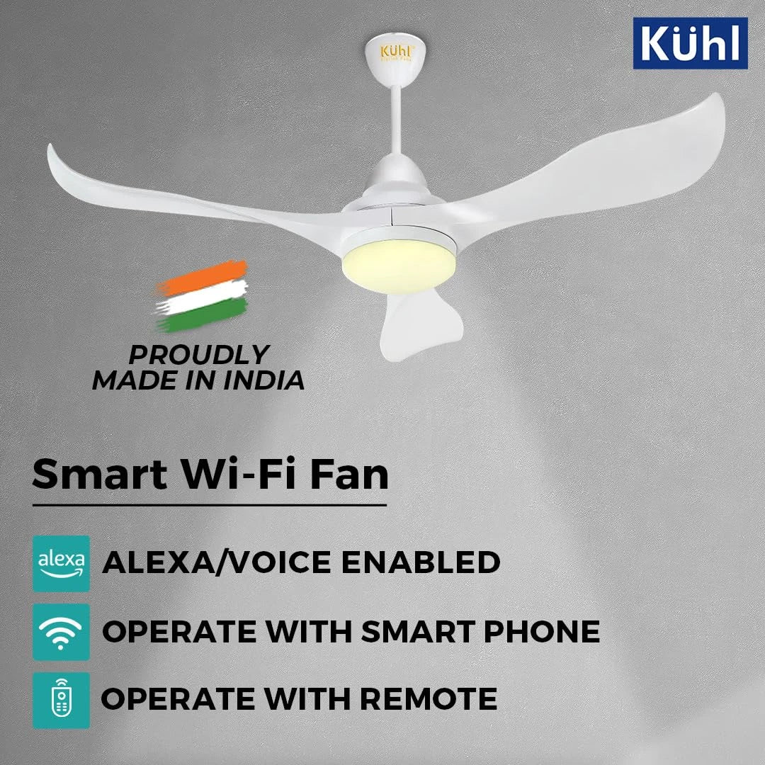 KUHL Glanz F3 1400mm Stylish Power Saving BLDC Ceiling Fan with Remote | Down Light | 30W | 5 Star | High Air Flow | Low Noise | IoT – Operate via Mobile & Alexa | Reverse Mode | White