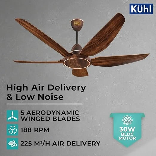 KUHL Brise E5 1320mm BLDC Ceiling Fan with Remote | 30W | 5 Star | High Air Flow | Low Noise | IoT & Alexa | Reverse Mode | Teak