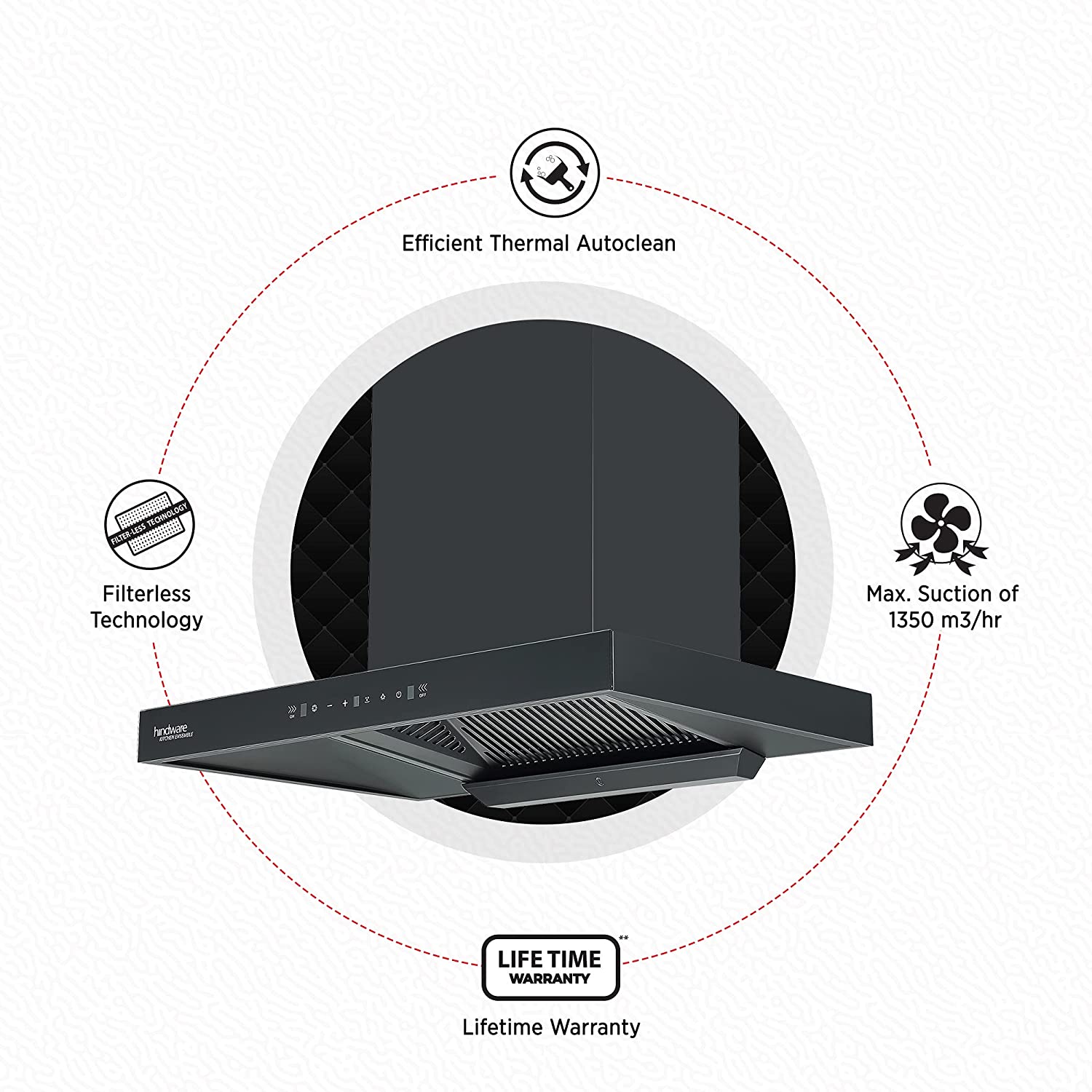 Hindware Atlanta 75 cm 1350 m³/hr Filterless Auto-Clean Kitchen Chimney With MaxX Silence Technology, Motion Sensor (32% Less Noise, Touch Control, Black)