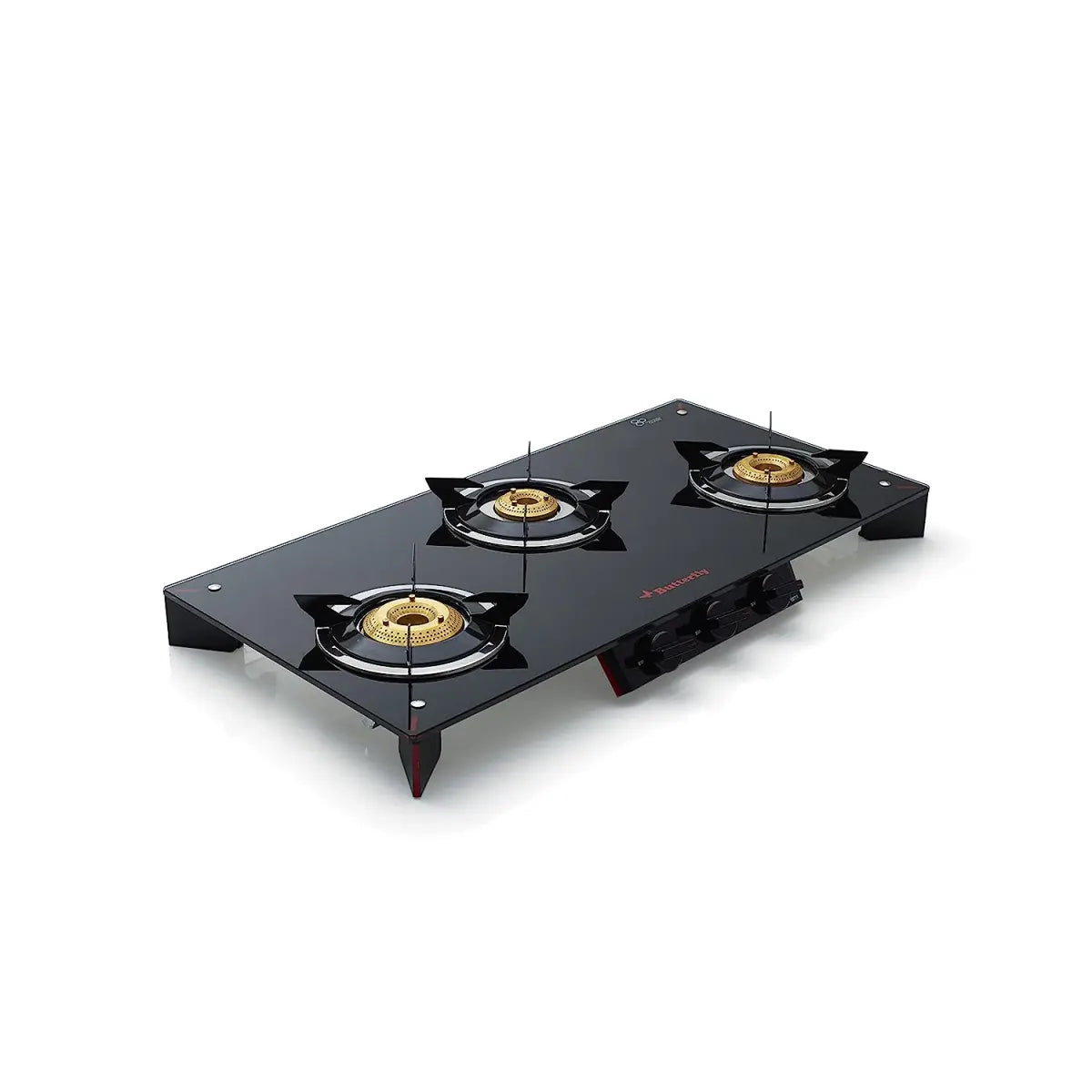 Butterfly Prism Glass Top 3 Burner Gas Stove, Manual Ignition, Black/Red