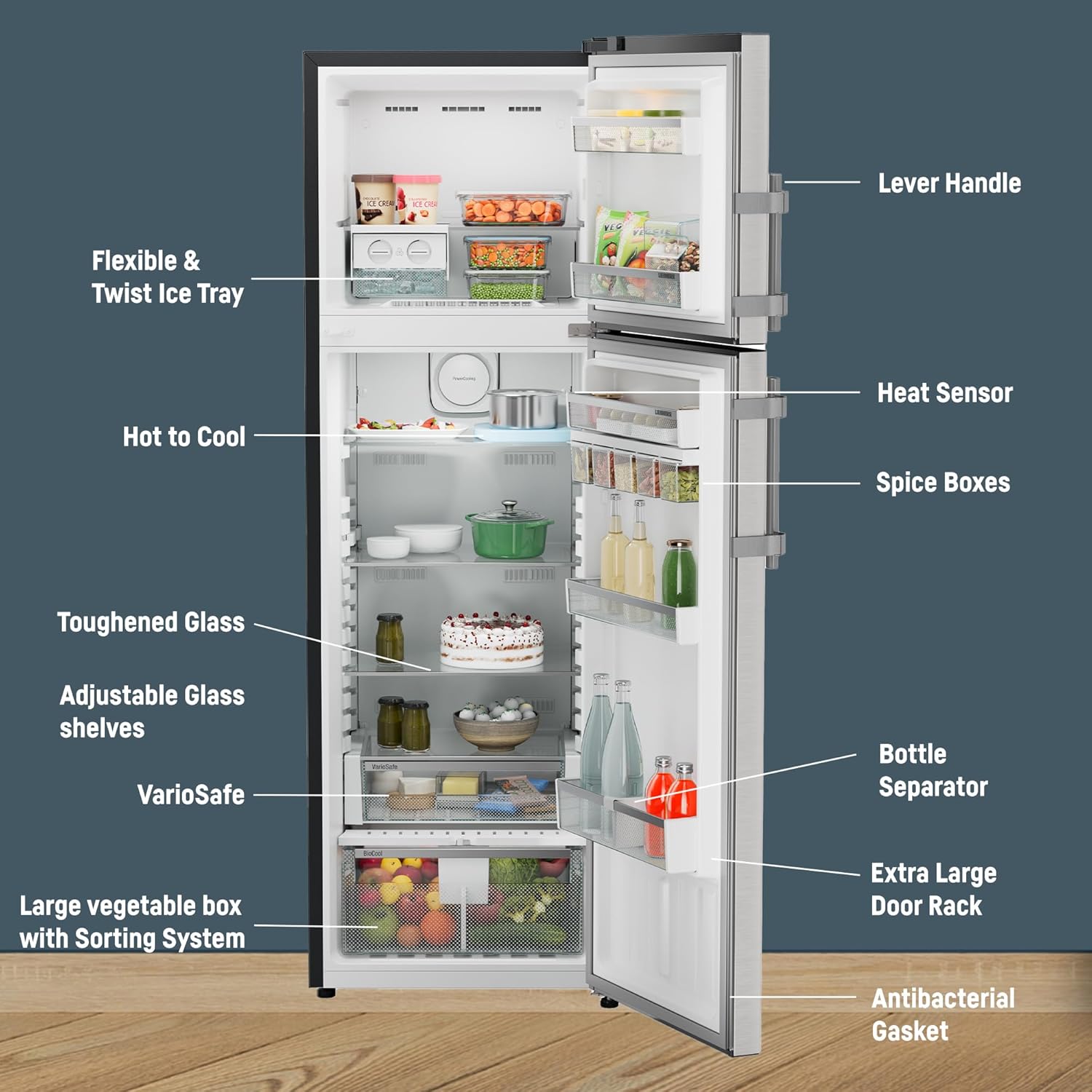 Liebherr 316L 2 Star Inverter Hot/Cool Lever Handle Frost Free Double Door Fridge, Duo Cooling, 20 Yr Warranty, Freezer 67L, Veg Organiser, Stainless