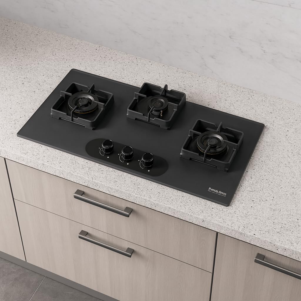 Hindware Ilaria 3B 78CM Hob | Built-in Hob w/ Flame Failure Device | Matt Black Frost Glass