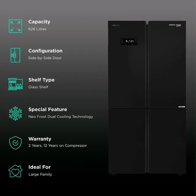 VOLTAS beko 626L Frost-Free Side-by-Side Refrigerator with Neo Frost Dual Cooling (RSB64GF, Glass Black)