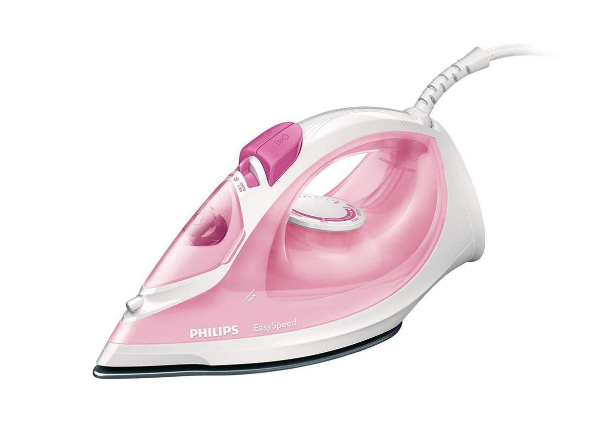 Philips EasySpeed GC1022/40 pink and white steam iron, side view showing water tank, temperature dial and soleplate