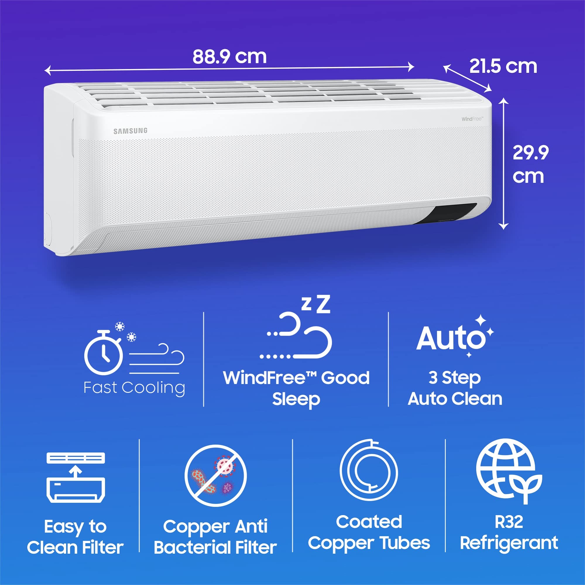 Samsung 1.5 Ton 3 Star Wind-Free Technology Inverter Split AC (Copper, Convertible 5-in-1 Cooling Mode, Anti-bacterial Filter, 2023 Model AR18CYLAMWK White)