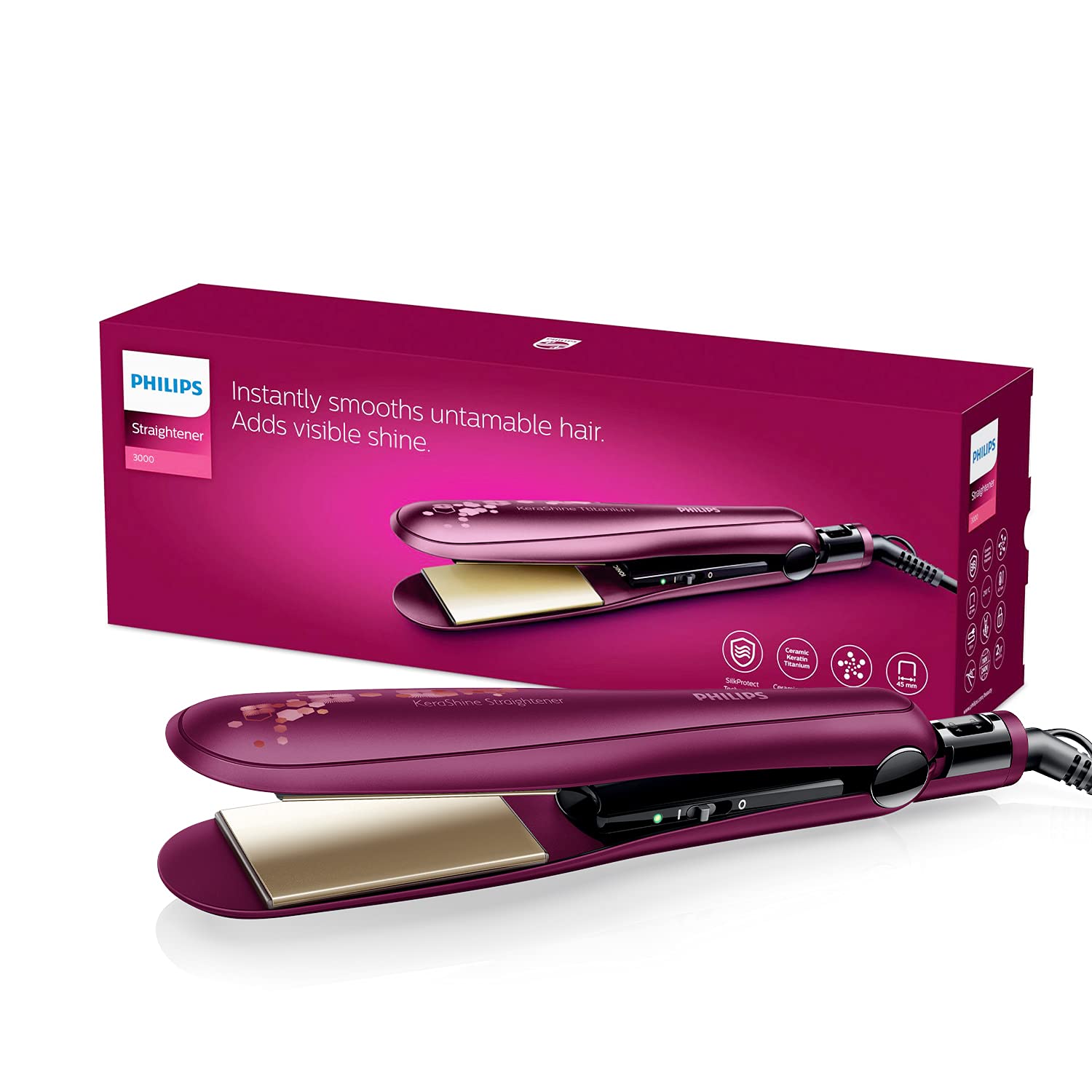 Philips BHS738/00 Kerashine Titanium Wide Plate Straightener with SilkProtect Technology. Straighten, curl, with Instant Shine for Thick Long Hair