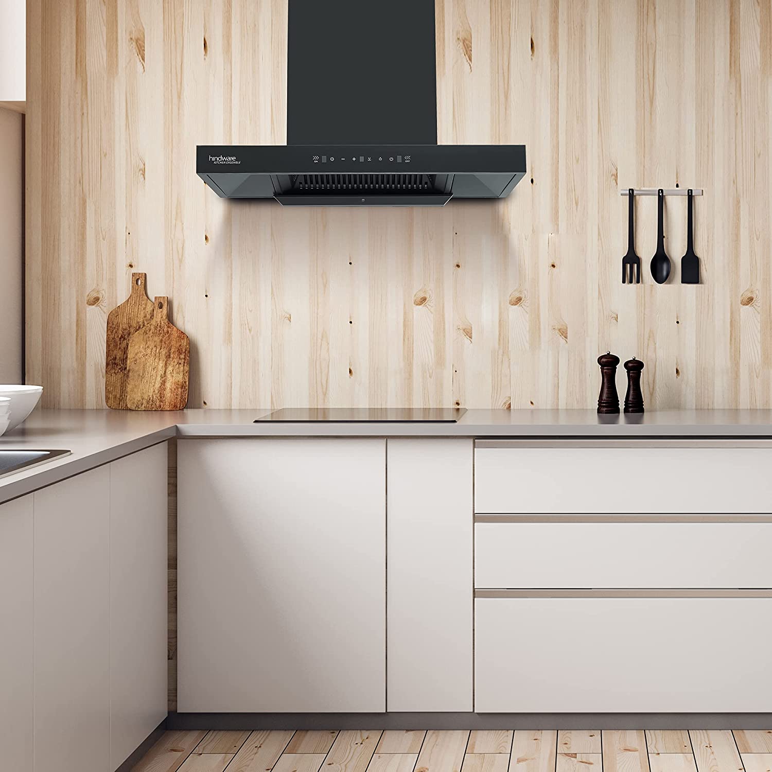 Hindware Atlanta 75 cm 1350 m³/hr Filterless Auto-Clean Kitchen Chimney With MaxX Silence Technology, Motion Sensor (32% Less Noise, Touch Control, Black)