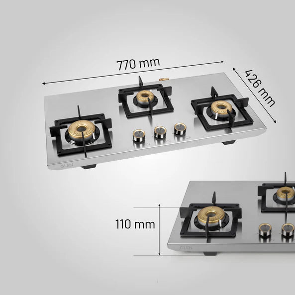 Glen 3 Burner Ultra Tuff Free Standing Hob with Forged Brass Burners Auto Ignition (BH 1073 XL SQ FS UT SS AI)