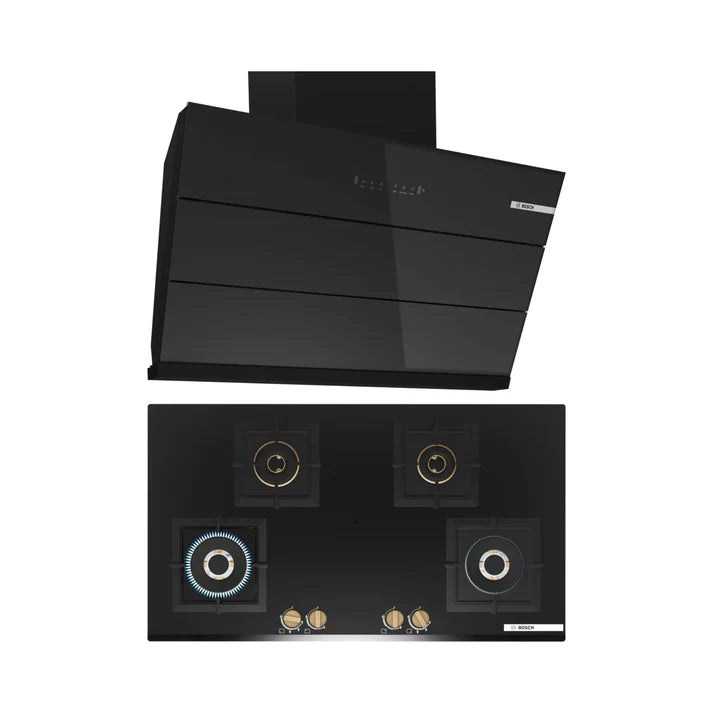 Bosch DWK98IJ60I 90cm Chimney + PNF9B6G20I 90cm 4 Brass Burner Hob Combo