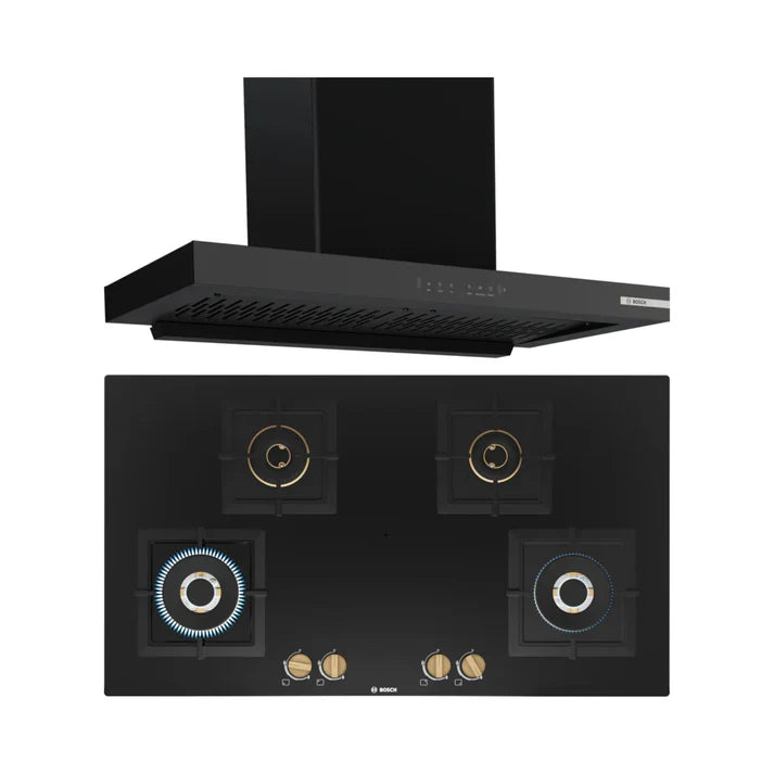 Bosch DWB98IJ60I 90cm Chimney + PNF9B6F20I 90cm 4 Brass Burner Hob Combo