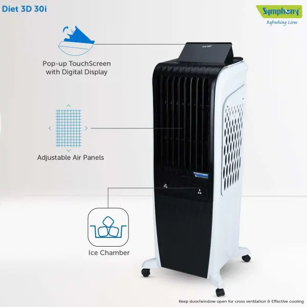 Symphony Diet 3D 30i Air Cooler with pop up touchscreen and 3 side honeycomb cooling pads With Remote