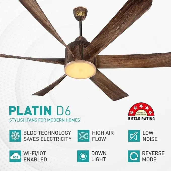 KUHL Platin D6,Teakwood, Stylish BLDC Fan| 5-Star Rated| Low Power 38W| High Air Flow |Low Noise| 6 Aerodynamic ABS Blades| Down Light |1500 mm Sweep | Operate on Remote - Mobile - Alexa |Reverse Mode