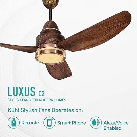KUHL Stylish Fan Luxus C3 Teakwood| 5 Star Rated| BLDC Technology| Low Power 38W| High Air Flow|Low Noise|3 Aerodynamic ABS Blades| Night & Down Light| Operate on Remote - Mobile - Alexa| Reverse Mode