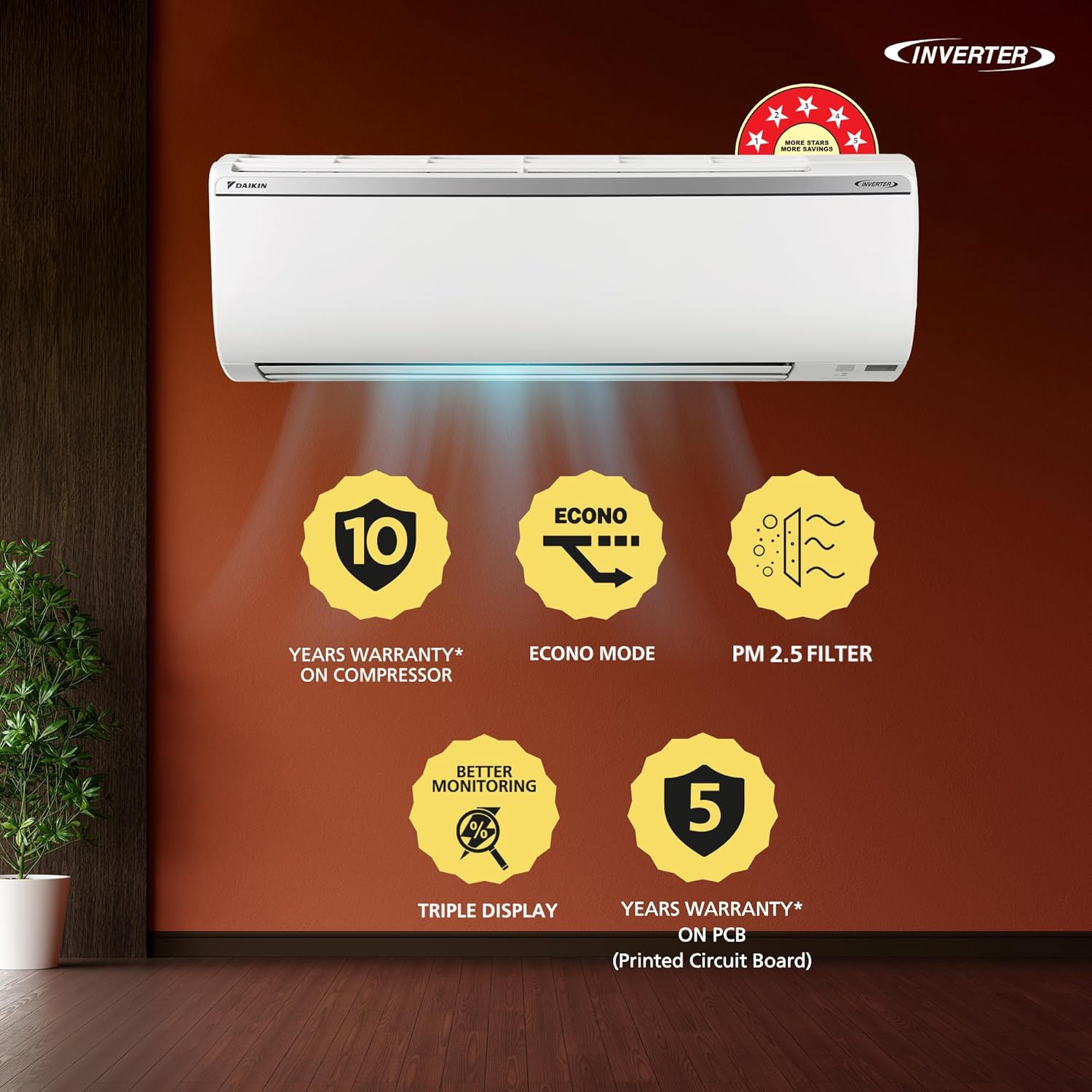 Daikin 1.5T 5 Star Inverter Split AC (Copper, PM 2.5, FTKU50UV16VF) - Efficient Cooling for Cleaner Air