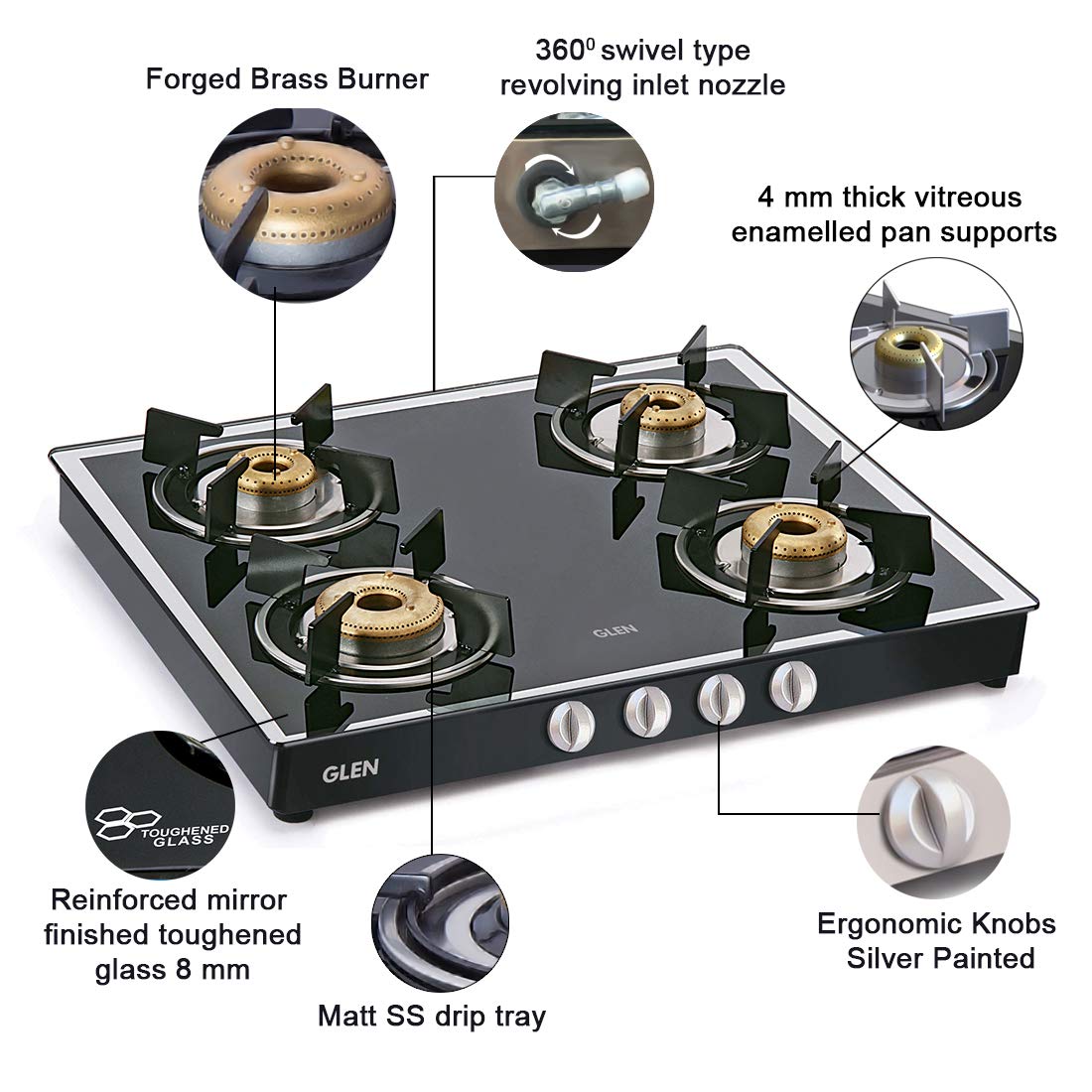 Glen 4 Burner LPG Gas Stove Mirror Finish Glass with High Flame Forged Brass Burners, Black (1042 GT FB MBL)