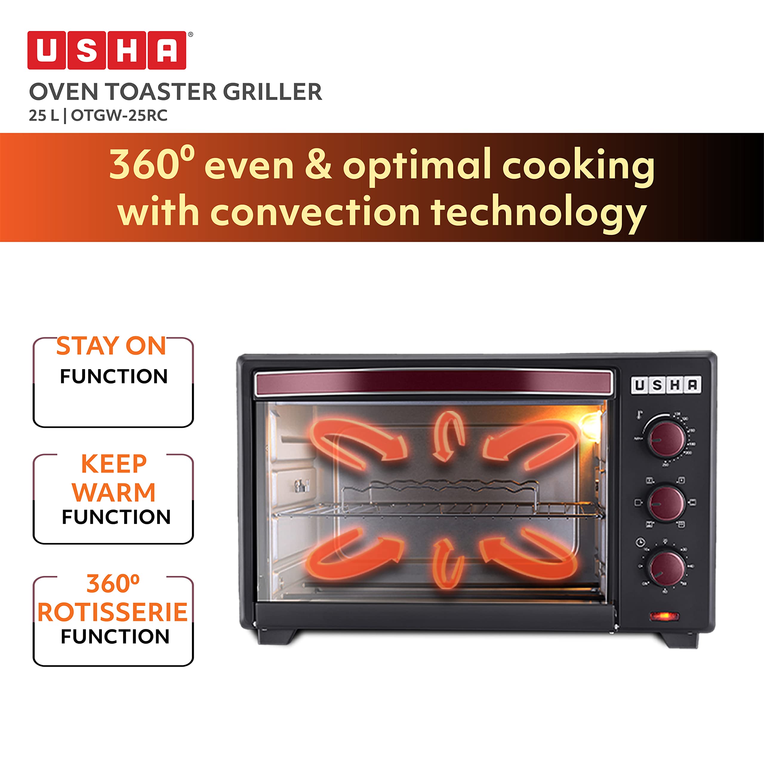 USHA 25L (OTGW 25RC) Oven Toaster Grill (Wine & Matte Black), Medium (OTGW25RC)