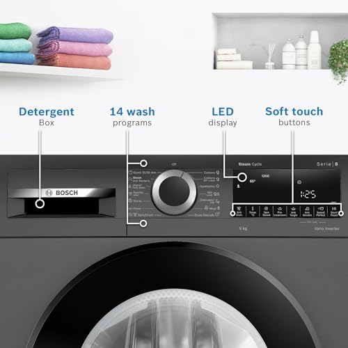 Bosch 9kg 5 Star Anti Stain & AI Active Water Plus Fully Automatic Front Load Washing Machine with Built in Heater (WGA1420TIN, Pretreatment & Steam with Anti Bacteria and 5 Star Inverter, Bl