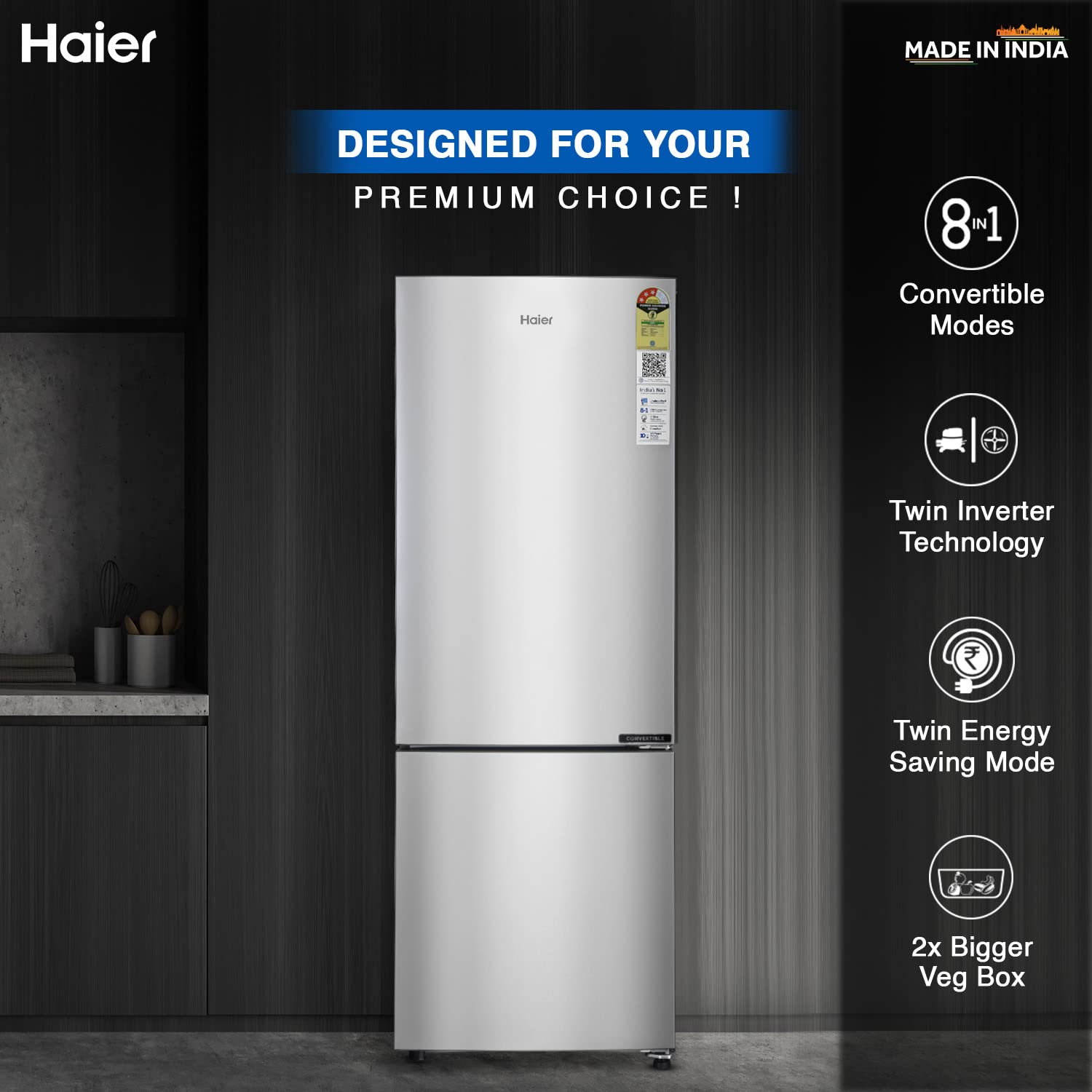 Haier 237L 3 Star Frost Free Inverter Double Door Bottom Mount Refrigerator (HEB-243GS-P, Moon Silver, Convertible)