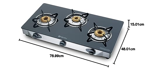Bajaj CGX3, 3-Burner Open Stainless Steel Glass, ISI Certified, Gas Stove (Black, Manual Ignition)
