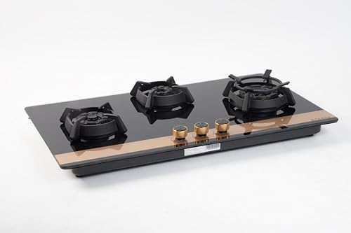 Faber 90cm 3Burner Gas Hob | Flame Failure Device | Cast Iron Pan Support | Metal Knobs | Dual Flame Burner | 8mm Toughened Black Glass | Versatile Hob/Cooktop | Hob Utopia Pro HT 903 BR CI